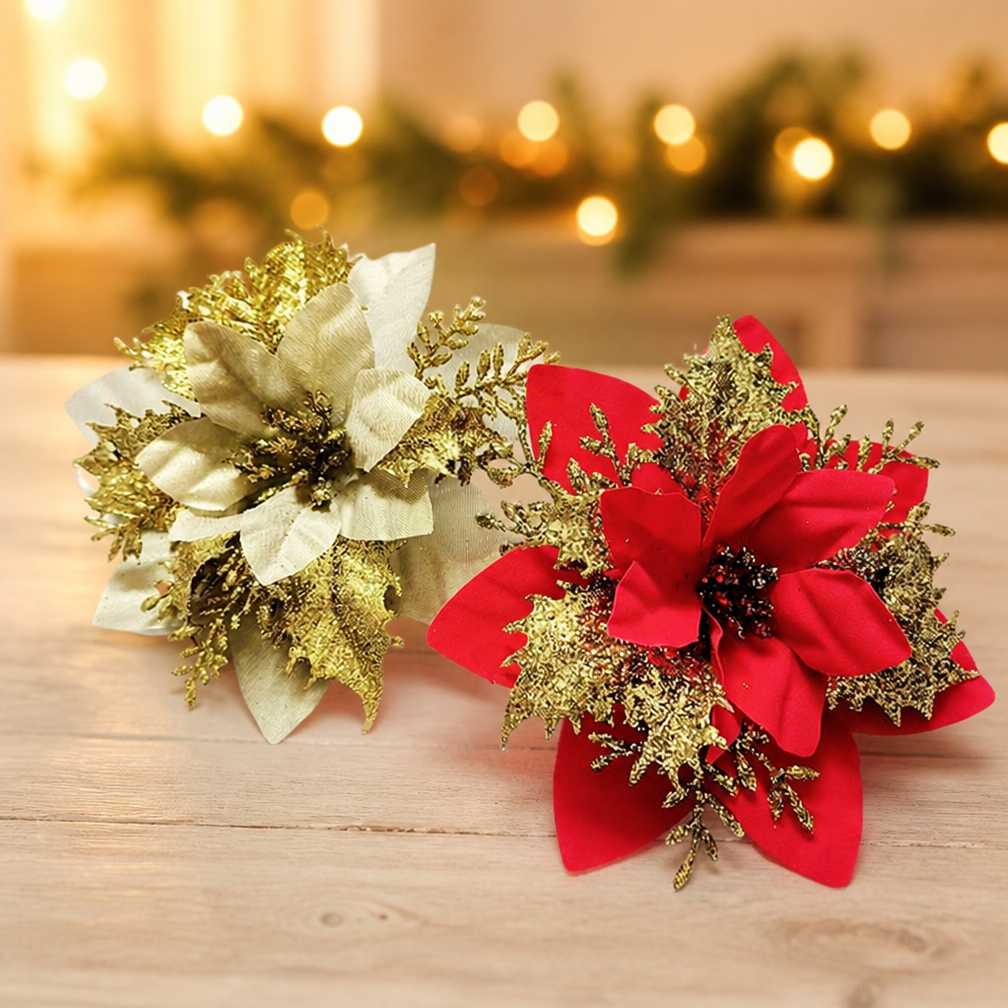 14cm Glitter Sequin Artificial Poinsettia Flower Head