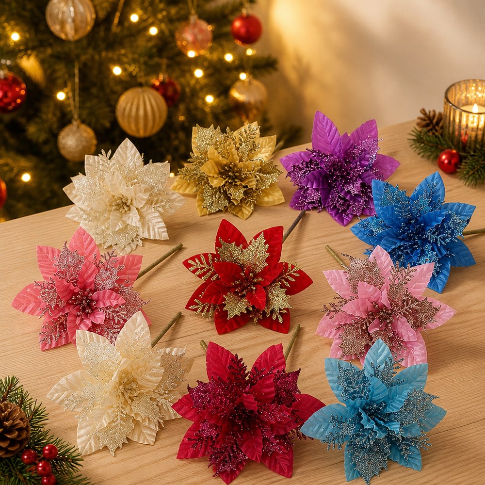 14cm Multi Layer Glitter Artificial Christmas Flower for Tree Decoration