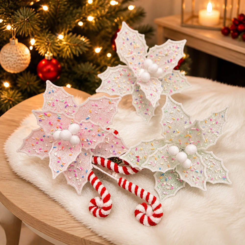 15cm Pipe Cleaner Artificial Christmas Flower with Candy Cane Ornament for Tree Decoration