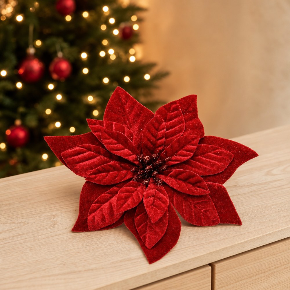 17cm Gold Powder Artificial Christmas Poinsettia Flower for Tree Decoration