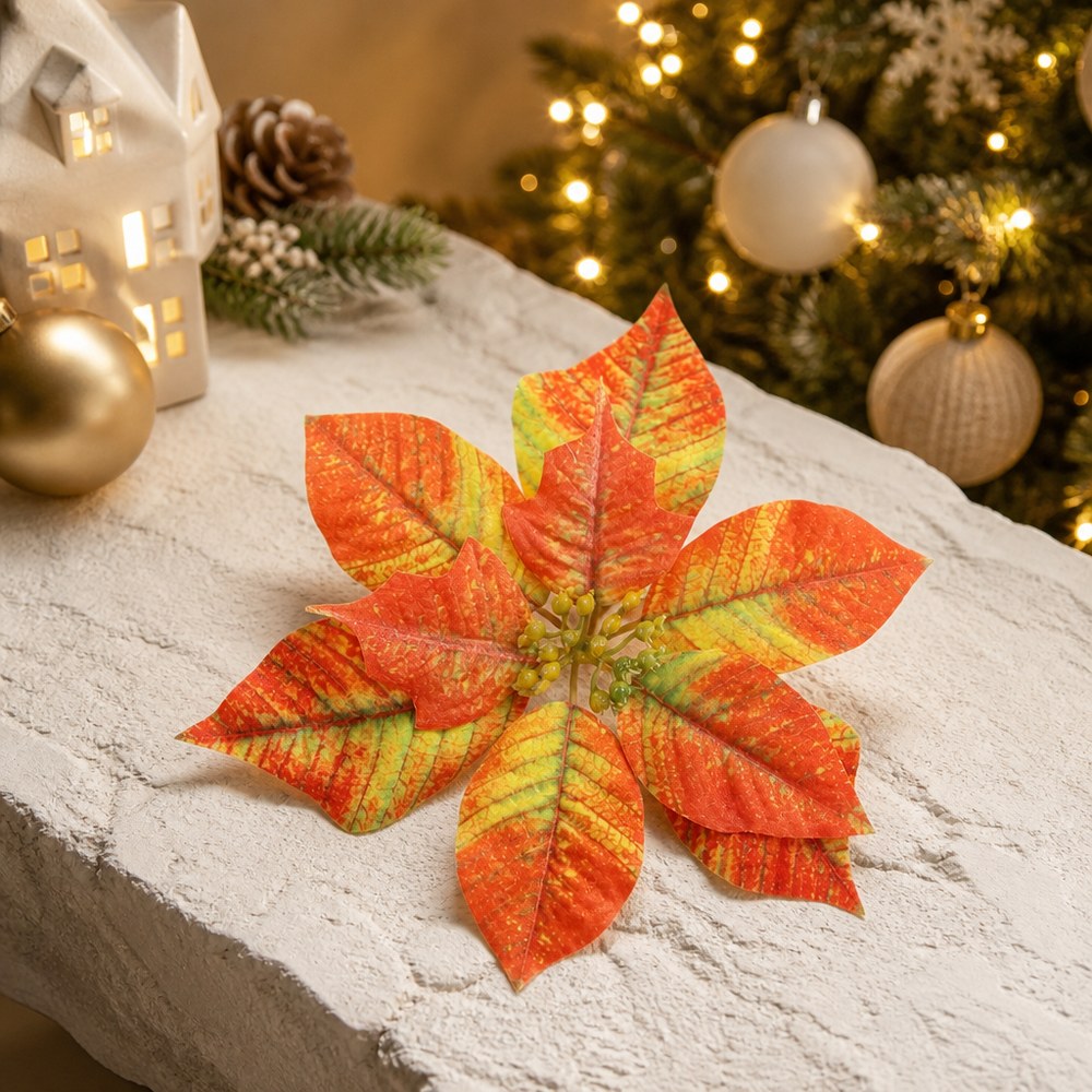 22cm Artificial Christmas Poinsettia Flower with Leaves for Home Decoration