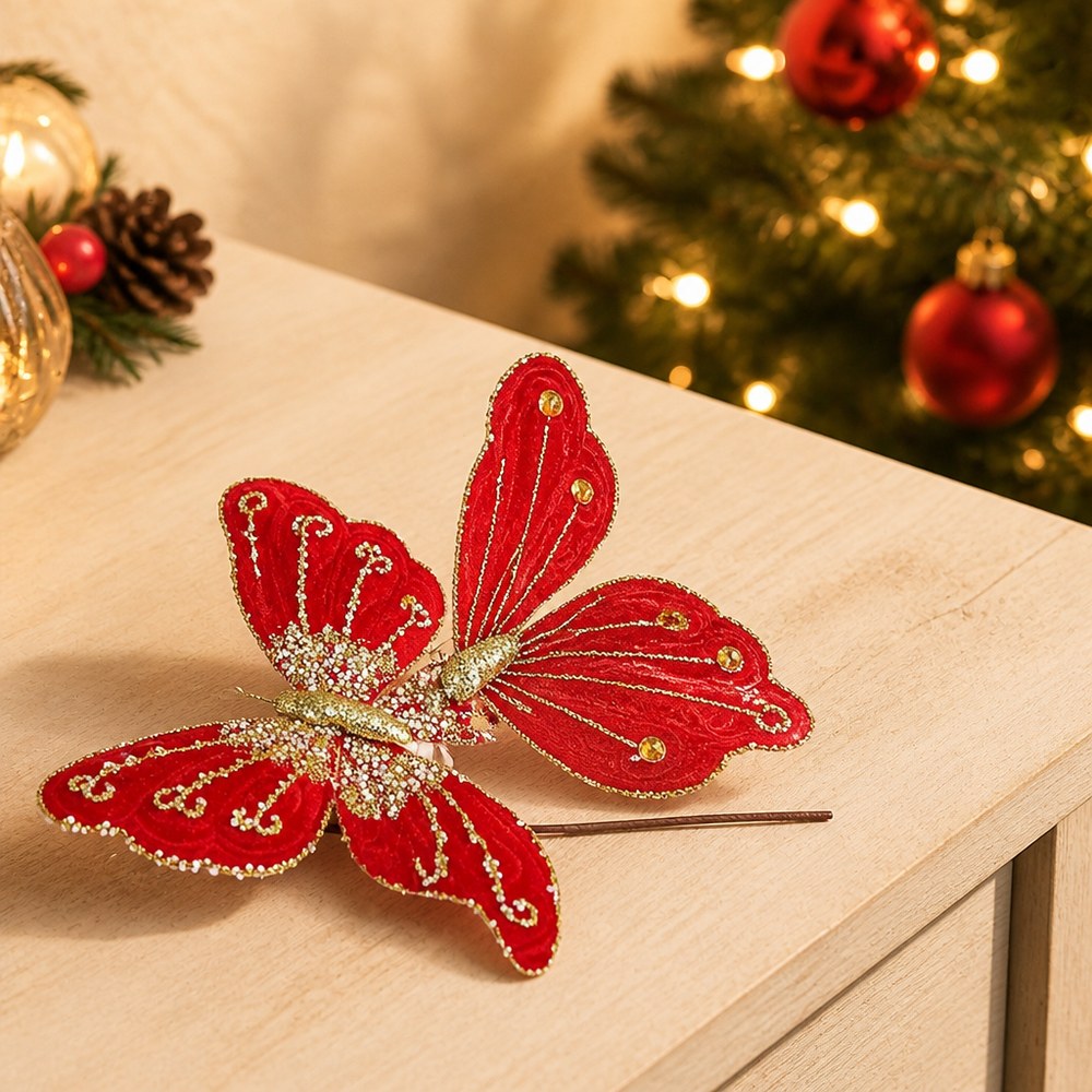 24cm Gold Glitter Butterfly Artificial Christmas Ornament for Tree Decoration