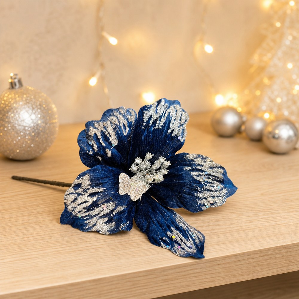 25cm Blue Artificial Christmas Flower Pick for Christmas Tree Decoration