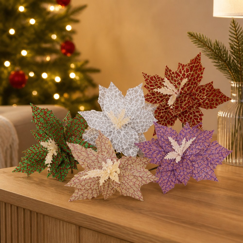 25cm Glitter Powder Artificial Christmas Flower for Wreath and Tree Decoration