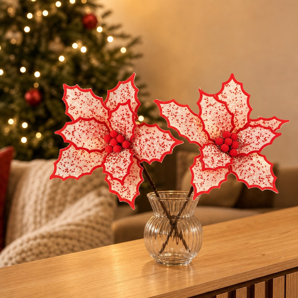 28cm Lace Artificial Christmas Poinsettia Flower Pick for Tree Decoration