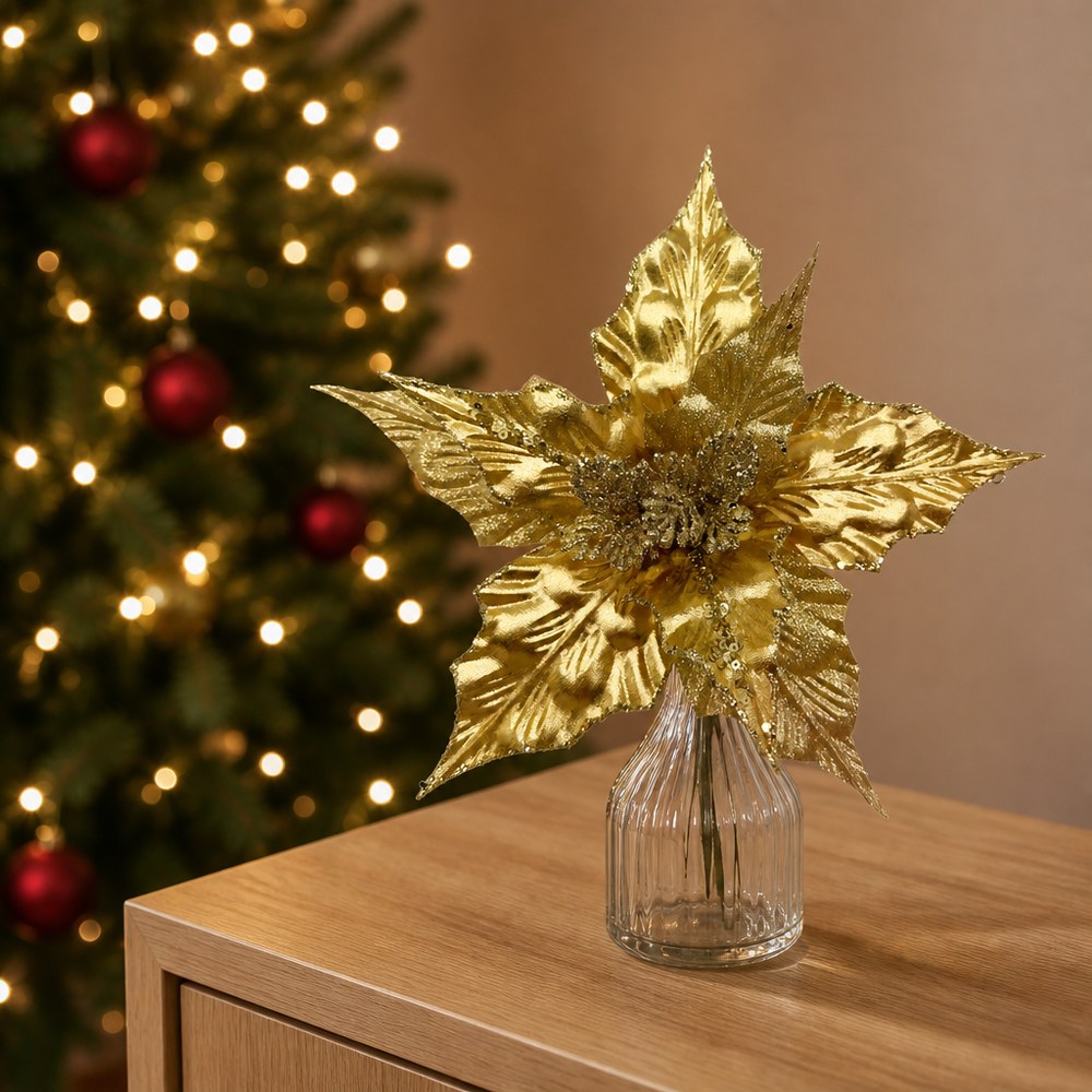 30cm Double Layer Gold Glitter Artificial Christmas Flower Head