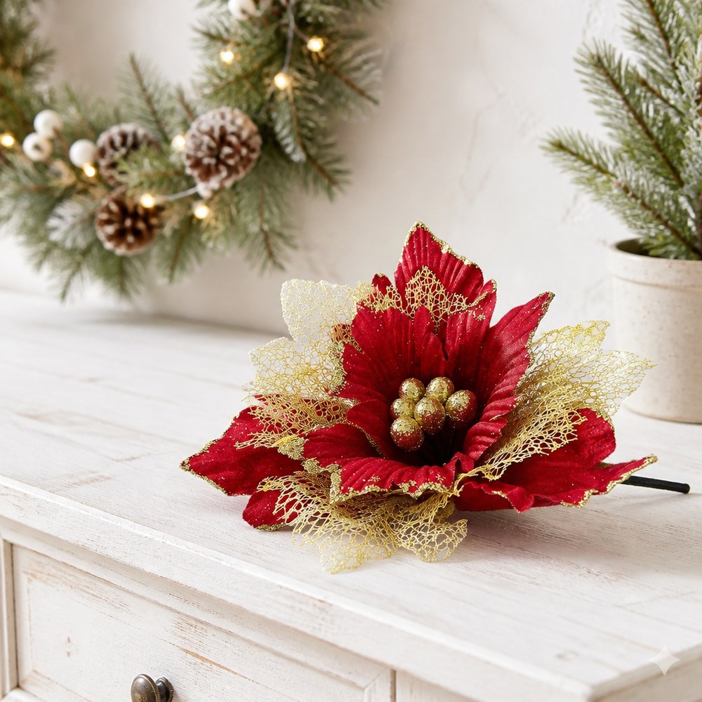 30cm Glitter Artificial Christmas Flower for Christmas Tree Decoration