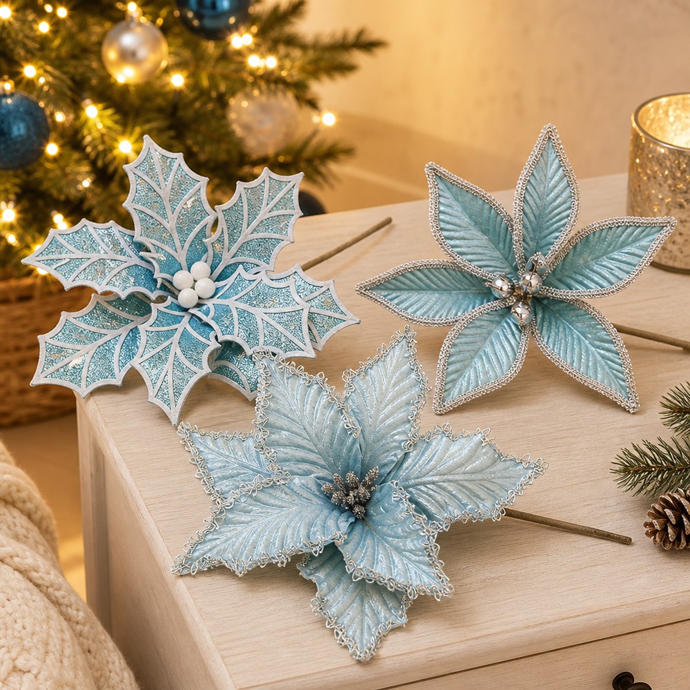 30cm Light Blue Fabric Artificial Christmas Flower for Christmas Tree Decoration