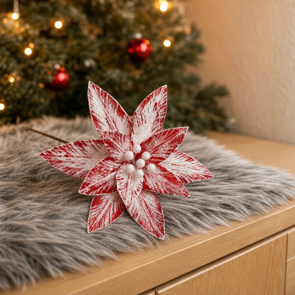 30cm Red Snow Frosted Artificial Christmas Poinsettia Flower for Wreath and Tree