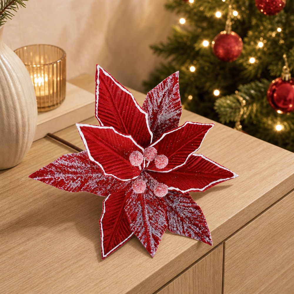 30cm Velvet Powder Coated Artificial Christmas Poinsettia for Tree Decoration