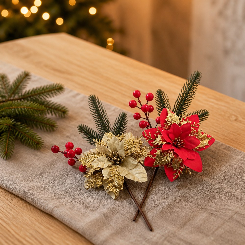 35cm Pine and Berry Artificial Christmas Spray with Gold Powder Flower