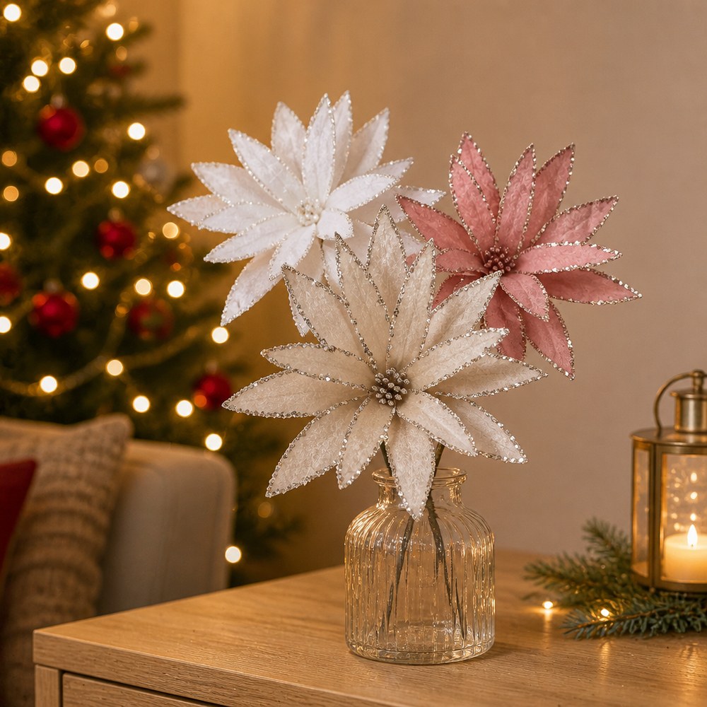 35cm Velvet Artificial Christmas Flower Picks for Wreath and Tree Decoration