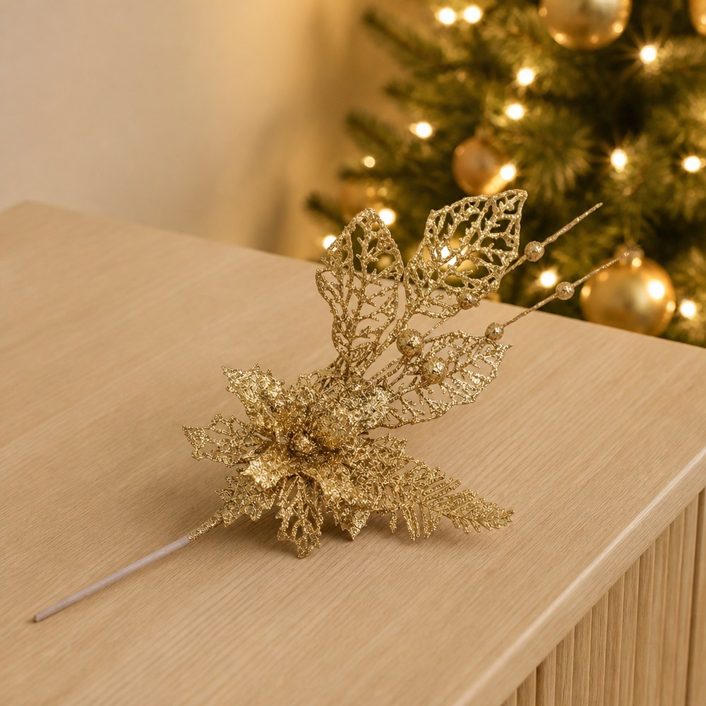 42cm Gold Powder Lily Style Artificial Christmas Flower Pick for Decoration