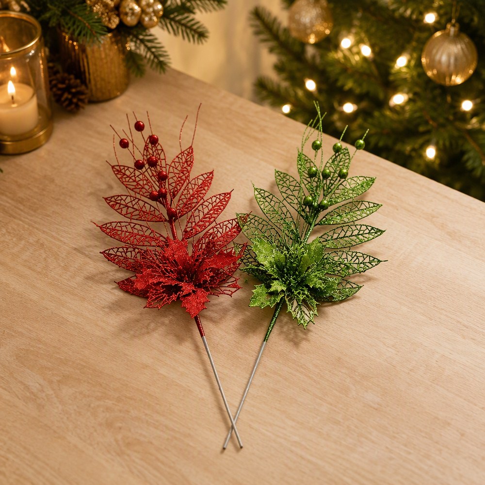 50cm Openwork Gold Powder Artificial Christmas Leaf Spray for Tree Decoration