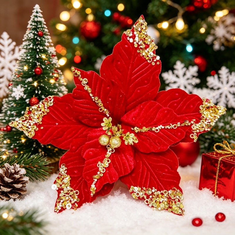 Crimson Red Poinsettia with Glitter Surface