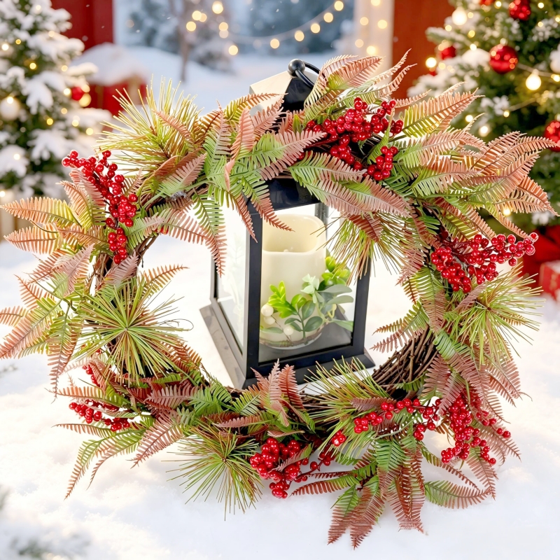 Lantern Candle Centerpiece Wreath with Holiday Greenery