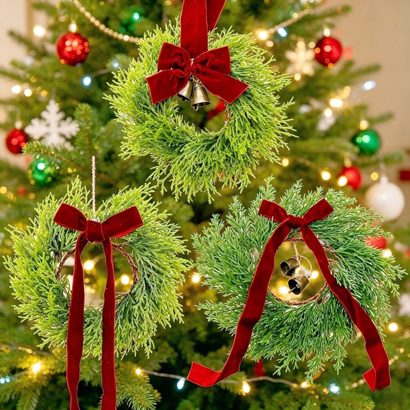 Red Bow Evergreen Wreath with Velvet Ribbon