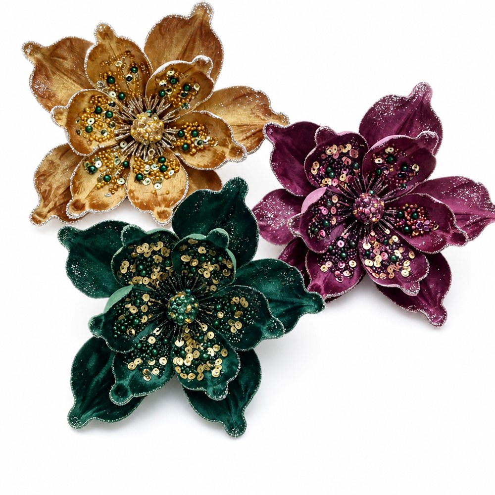Artificial Christmas Flower Head - Rose Red, Dark Green & Dark Yellow