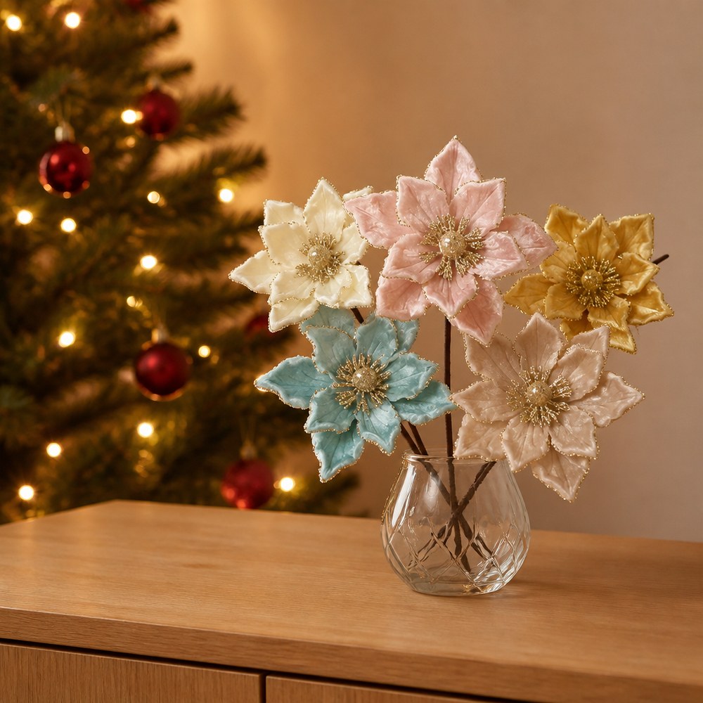 Artificial Christmas Flower Picks with Glitter Finish - 3 Sizes