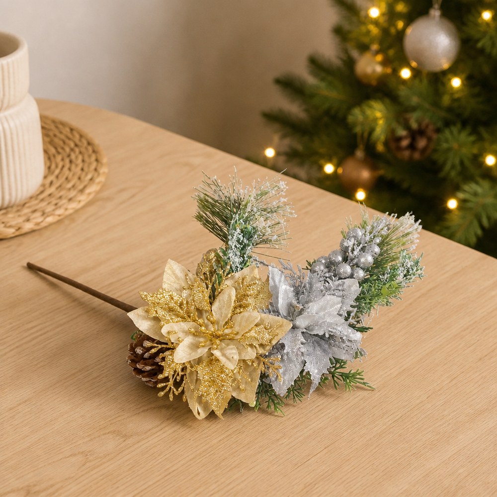 Artificial Christmas Flower with Pine Cone Pick for Home Decoration