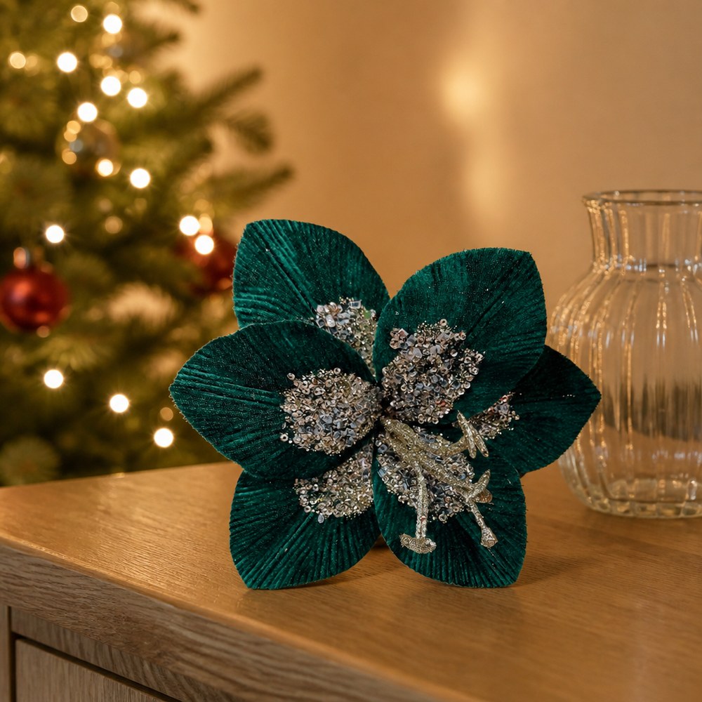 Artificial Glitter Magnolia Christmas Flower Pick for Home Decoration