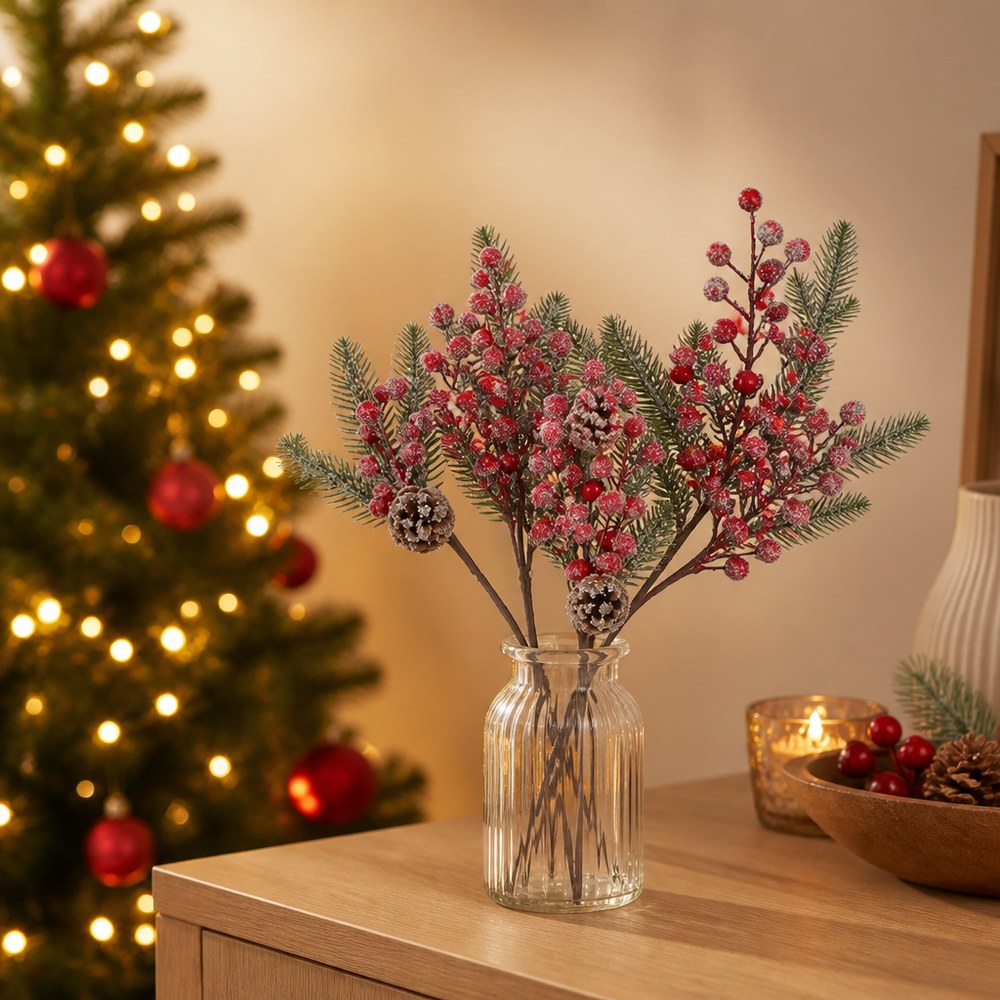 Artificial Red Berry and Pine Cone Picks for Holiday Table Decoration