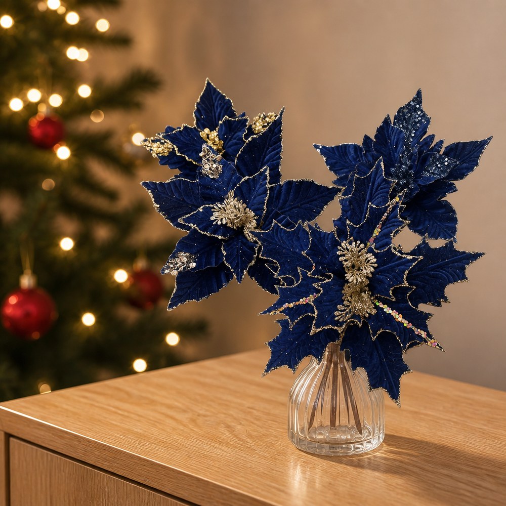 Blue Artificial Christmas Flower Picks - 7 Blue Variants