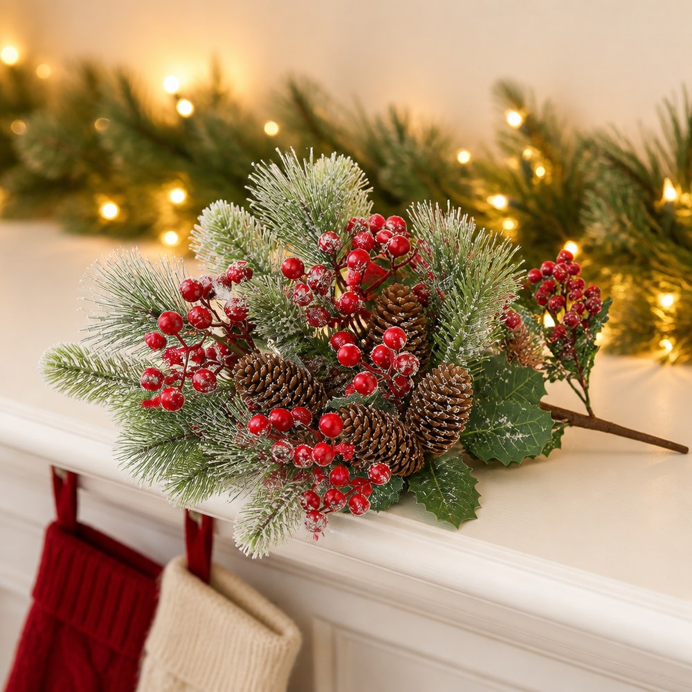 Frosted Artificial Pine Cone and Red Berry Christmas Spray for Tree and Home Decoration