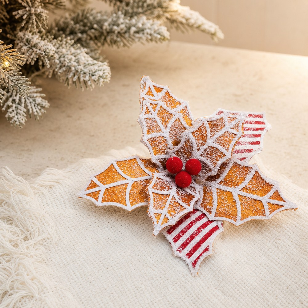 Gingerbread Style Artificial Christmas Flower with Snow Frosted Finish