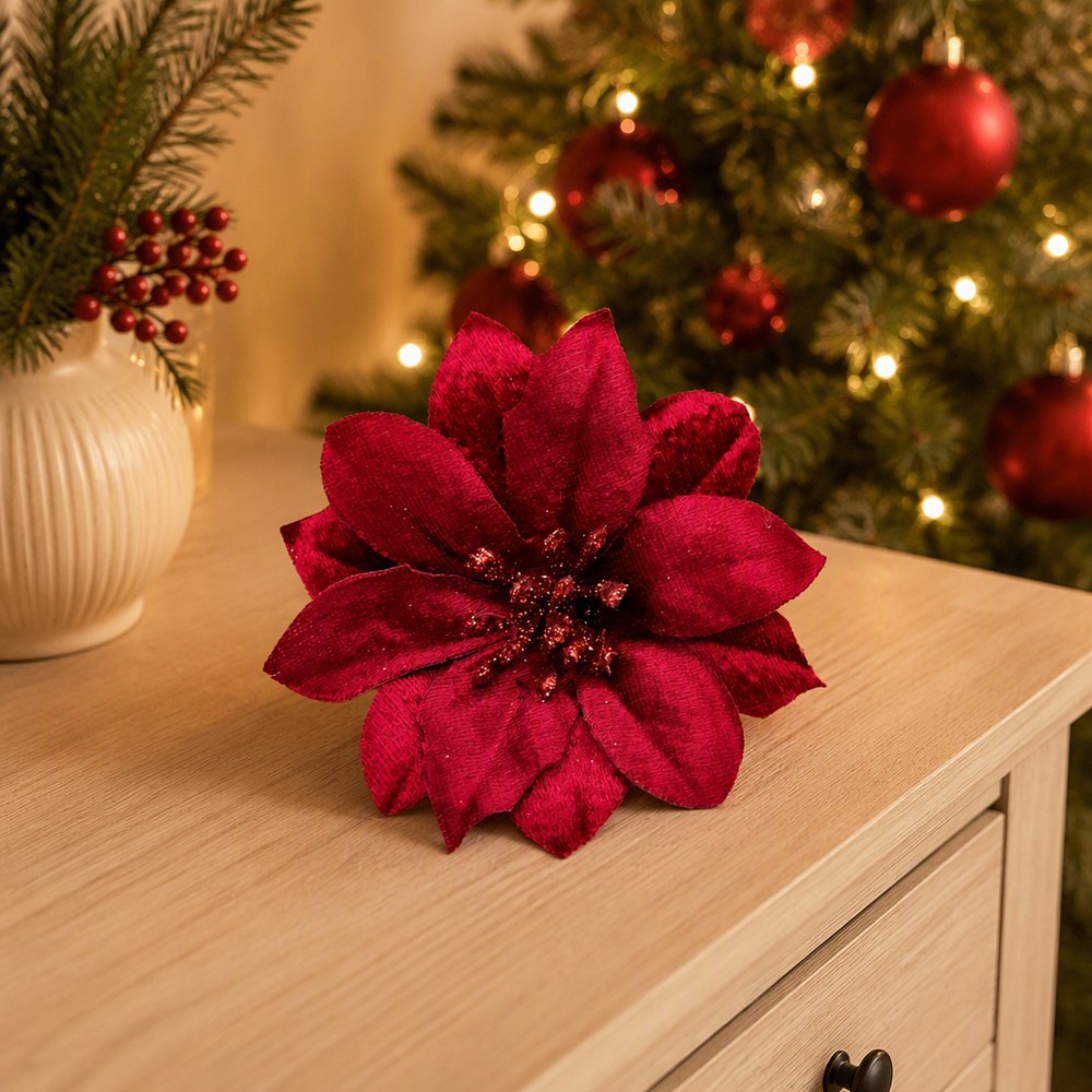 Glitter Artificial Christmas Flower Head for Christmas Tree Decoration