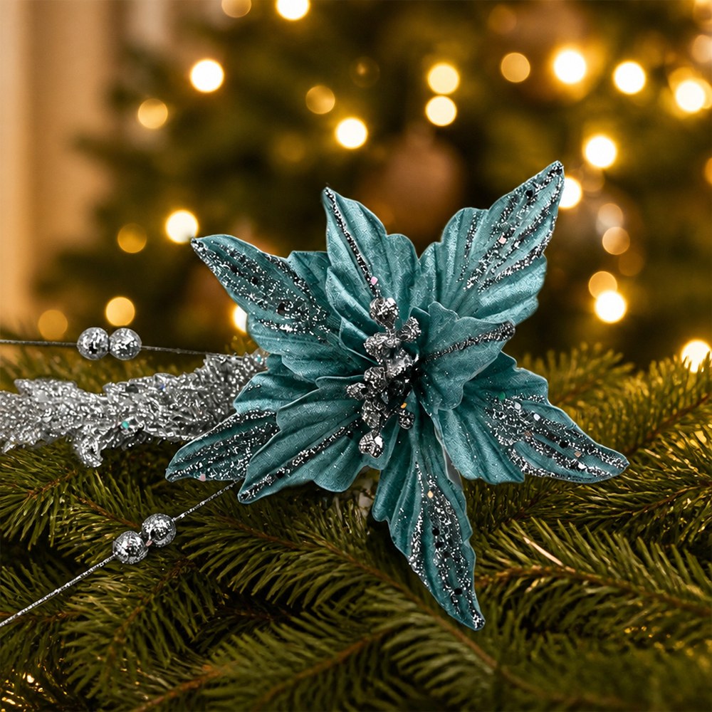 Glitter Artificial Christmas Flower Pick with Pine Cone for Tree Decoration