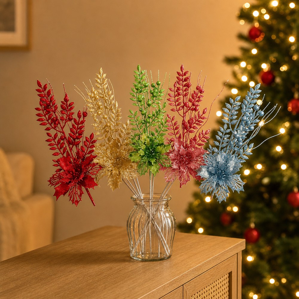 Glitter Artificial Christmas Leaf Spray Picks for Christmas Tree Decoration