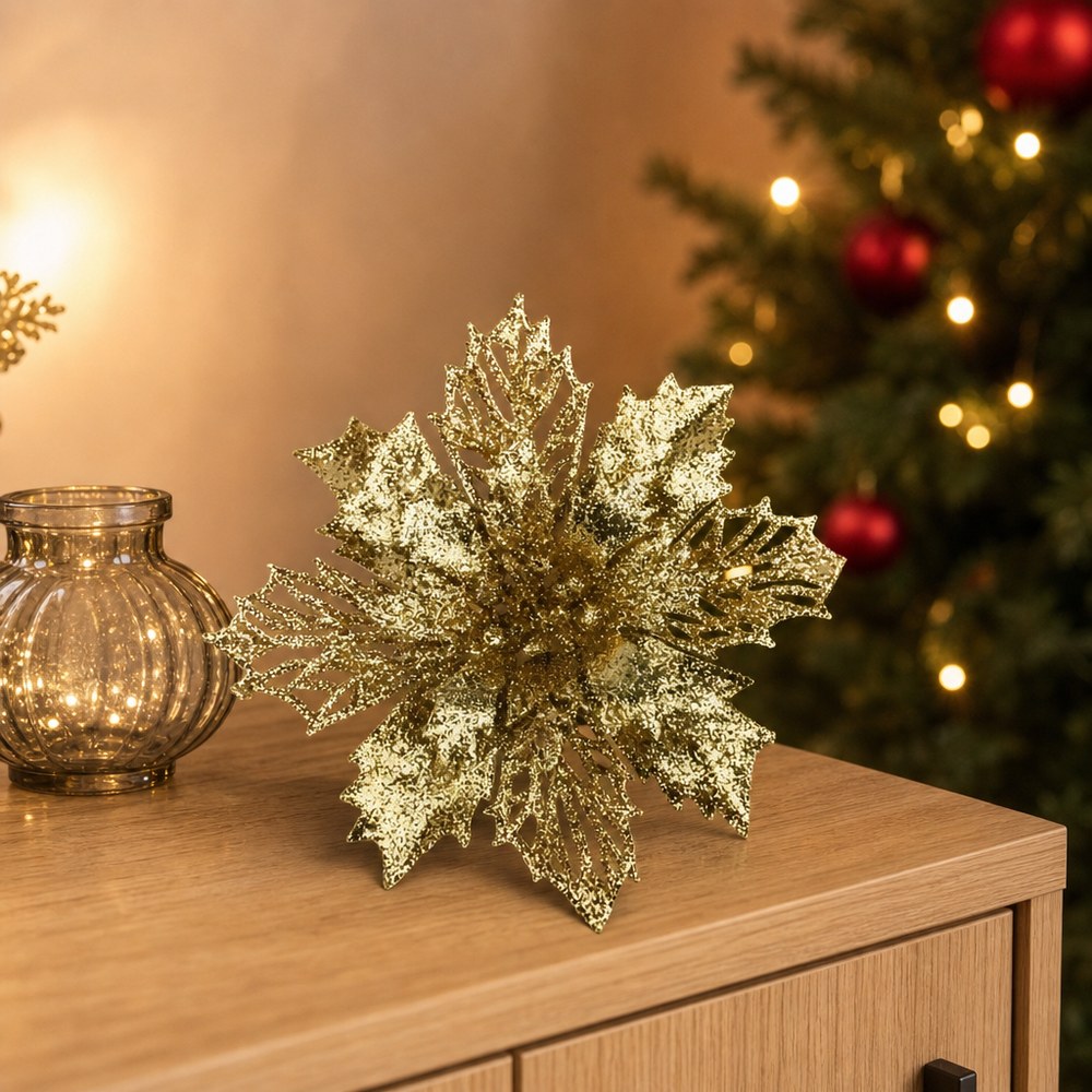 Glitter Hollow Plastic Christmas Flower Head for Wreath and Tree Decoration