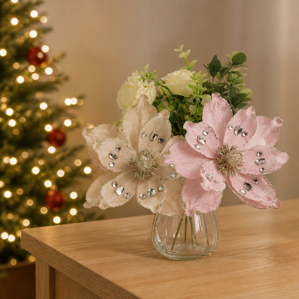 Glitter Powder Artificial Christmas Flower Picks for Wreath and Tree