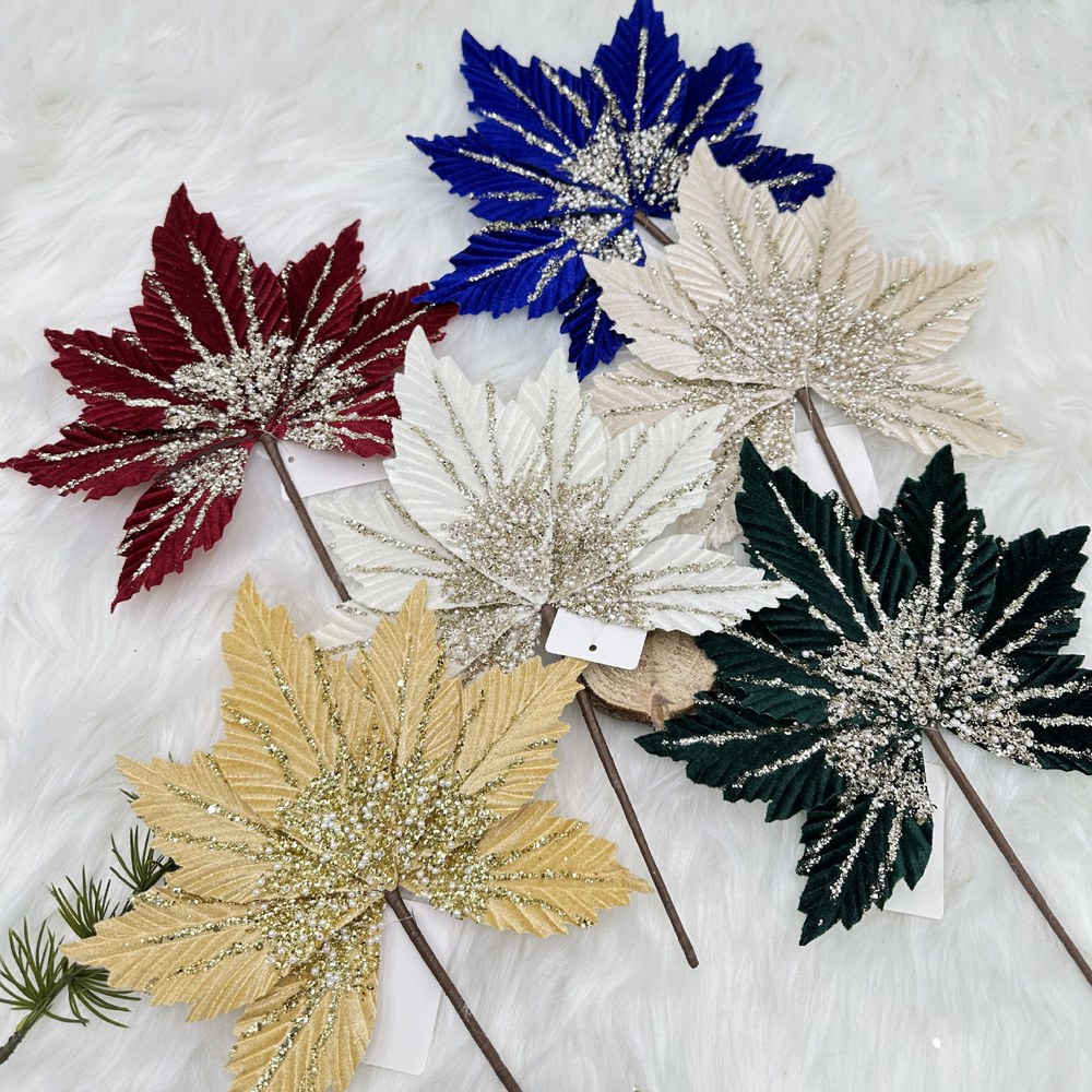 Glitter Sequin Artificial Christmas Flower Heads for Holiday Tree Decoration