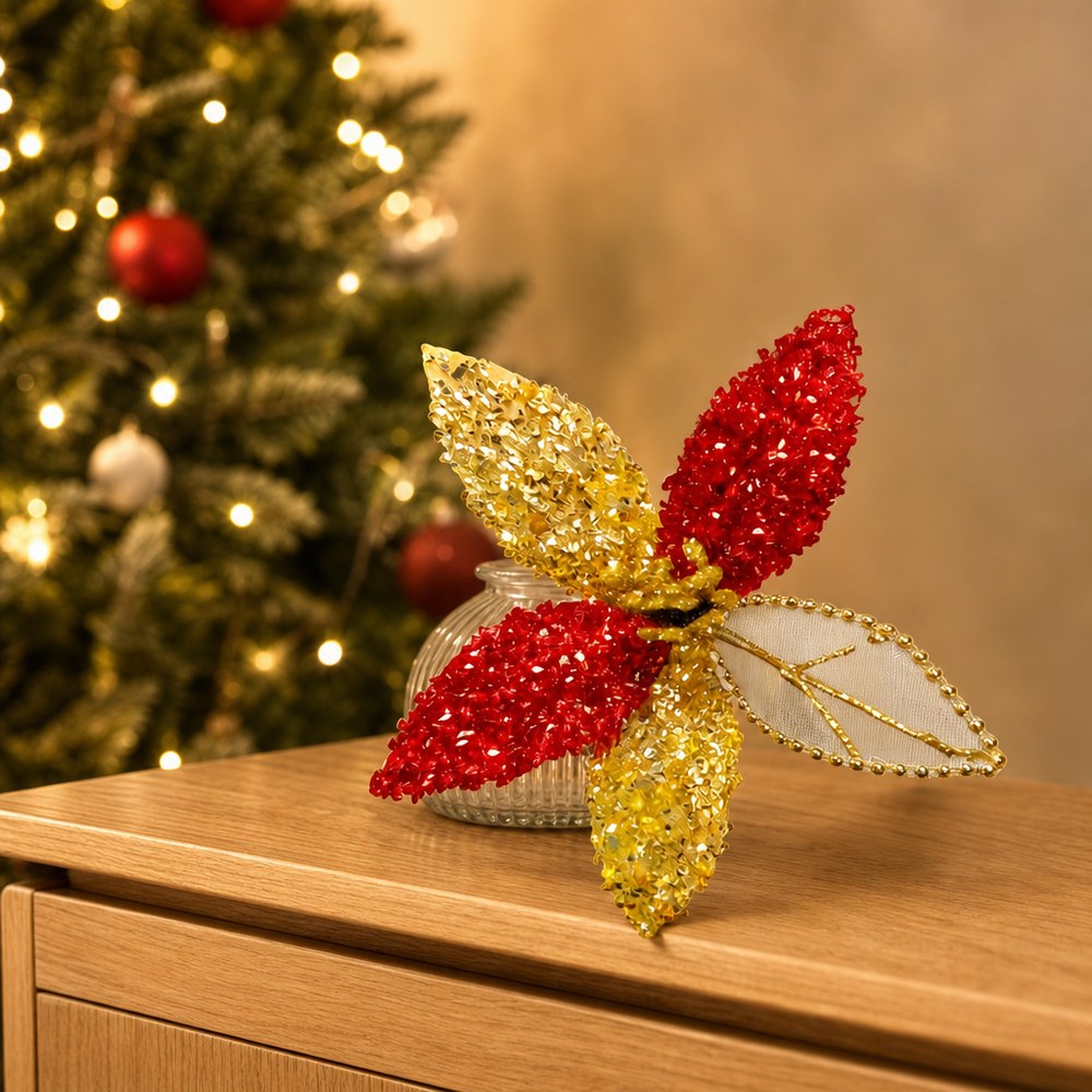 Glitter Velvet Artificial Christmas Flower Head with Hollow Star Leaf