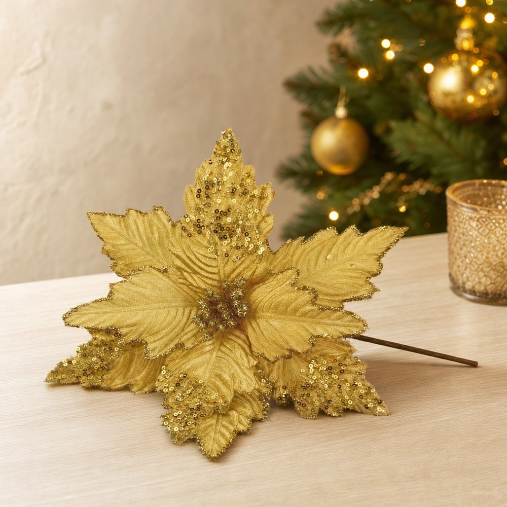 Glitter Velvet Artificial Christmas Flower for Tree and Home Decoration