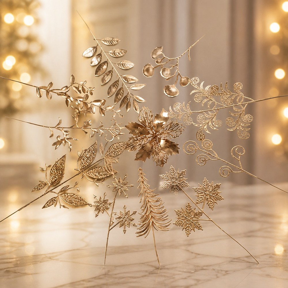 Gold Artificial Leaf Spray Christmas Pick for New Year and Home Decoration