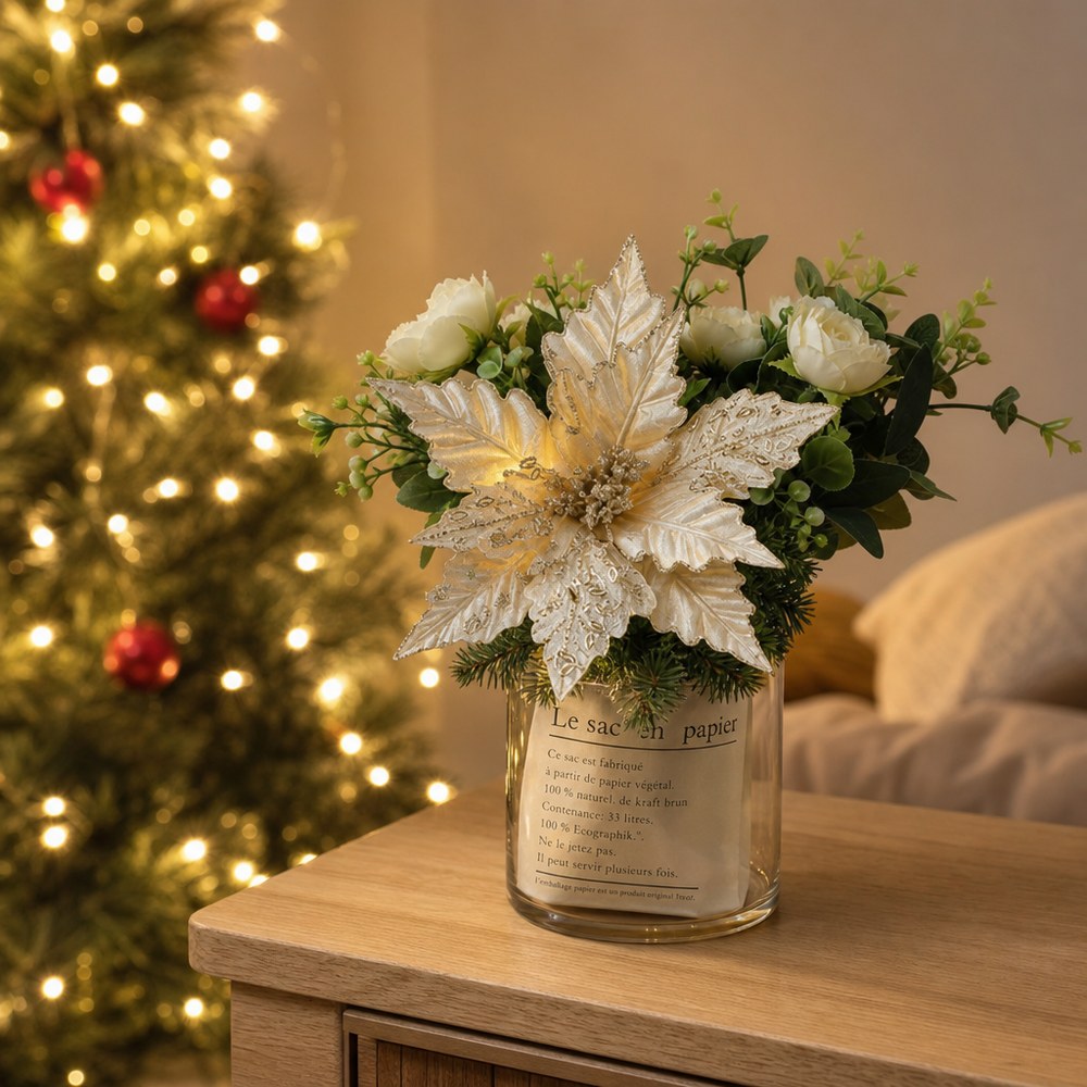 Gold Glitter Double Layer Sequin Artificial Christmas Flower Picks
