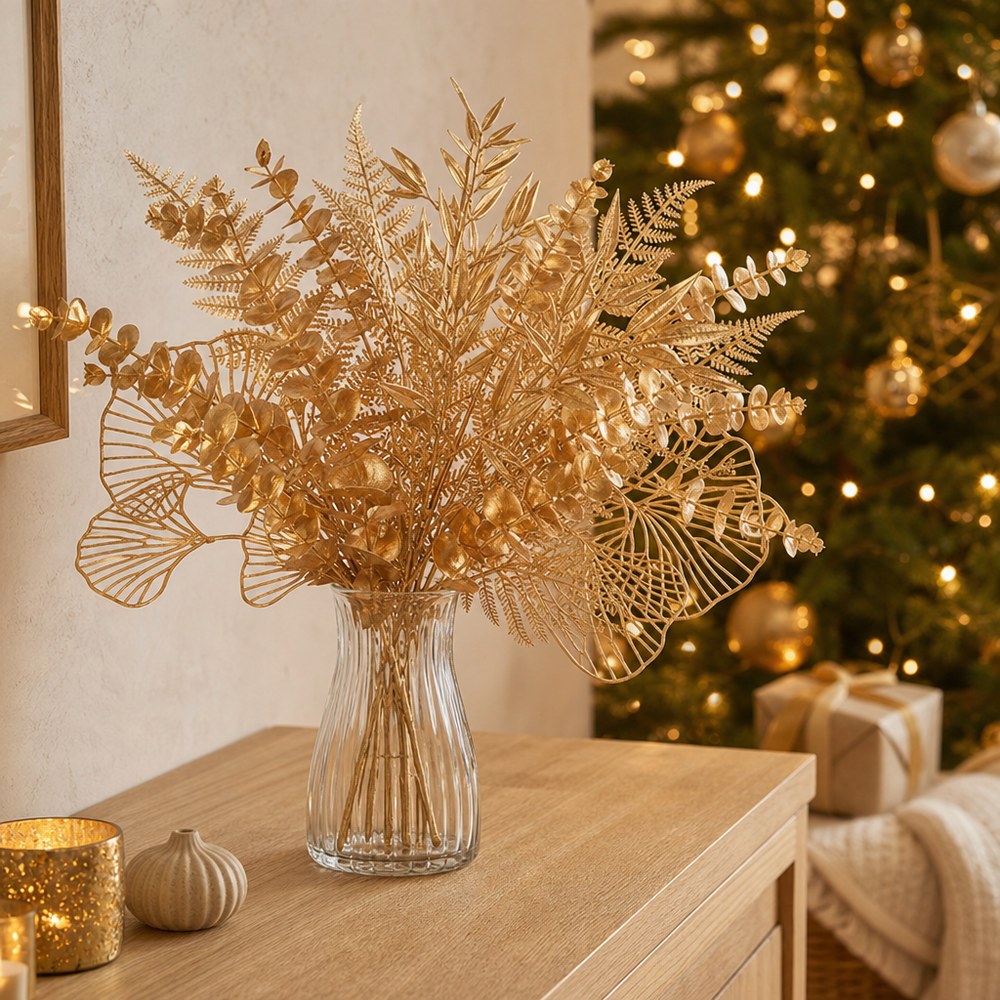 Golden Artificial Christmas Foliage Pick for Tree and Home Decoration