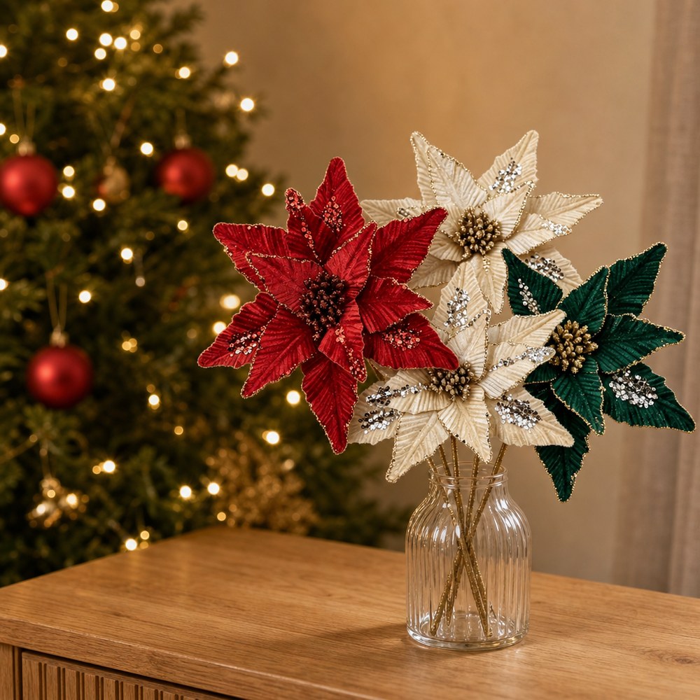 Handmade Velvet Artificial Christmas Flower Picks with Glitter