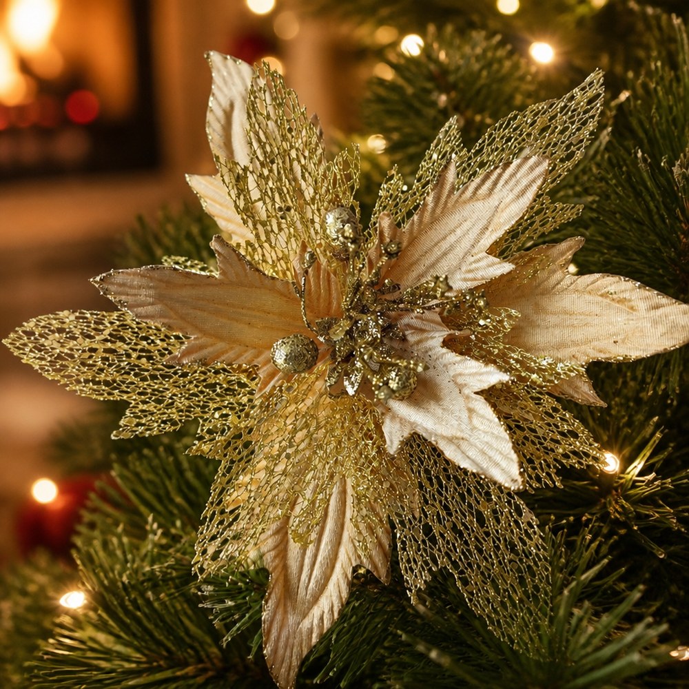Large Red and Gold Glitter Artificial Christmas Flower on Iron Frame for Tree Decoration