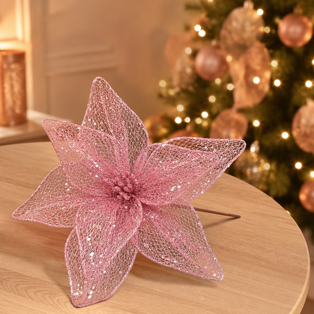 Mesh Glitter Artificial Christmas Flower for Christmas Tree Decoration