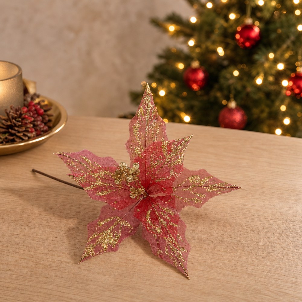 Mesh Glitter Artificial Christmas Leaf Spray for Tree and Home Decoration