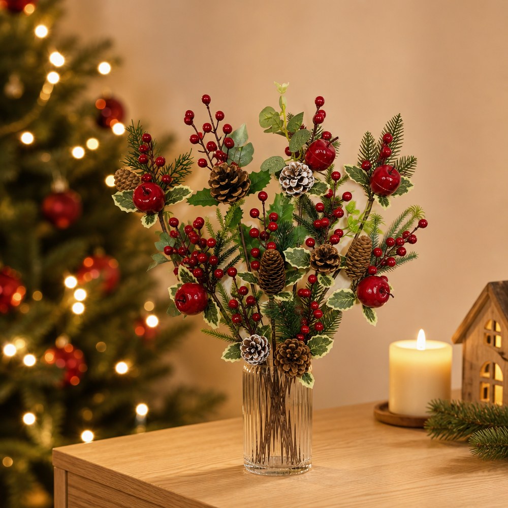 Pine Cone and Red Berry Artificial Christmas Picks - 15 Styles