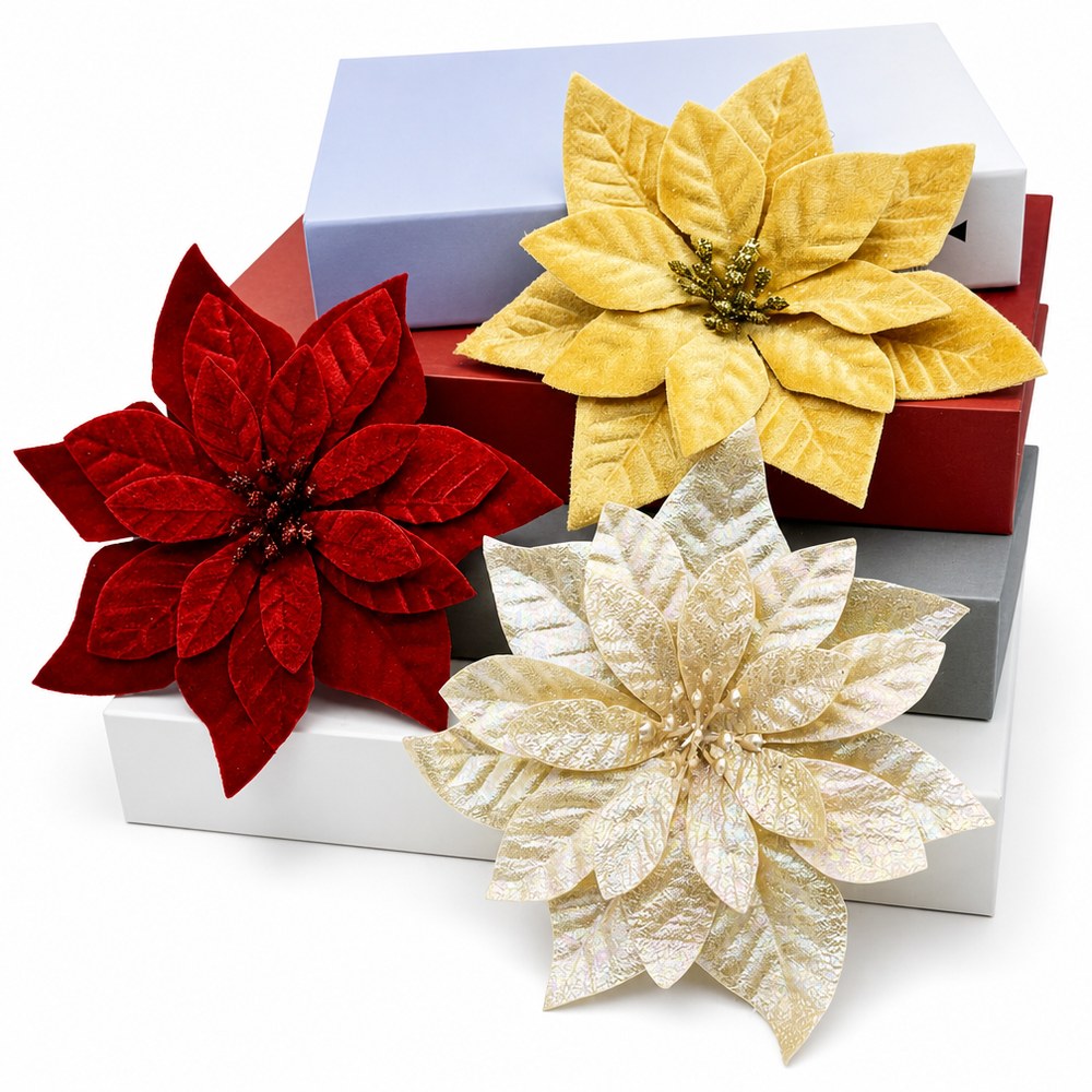 Poinsettia Glitter Artificial Christmas Flower Pick - 6 Styles