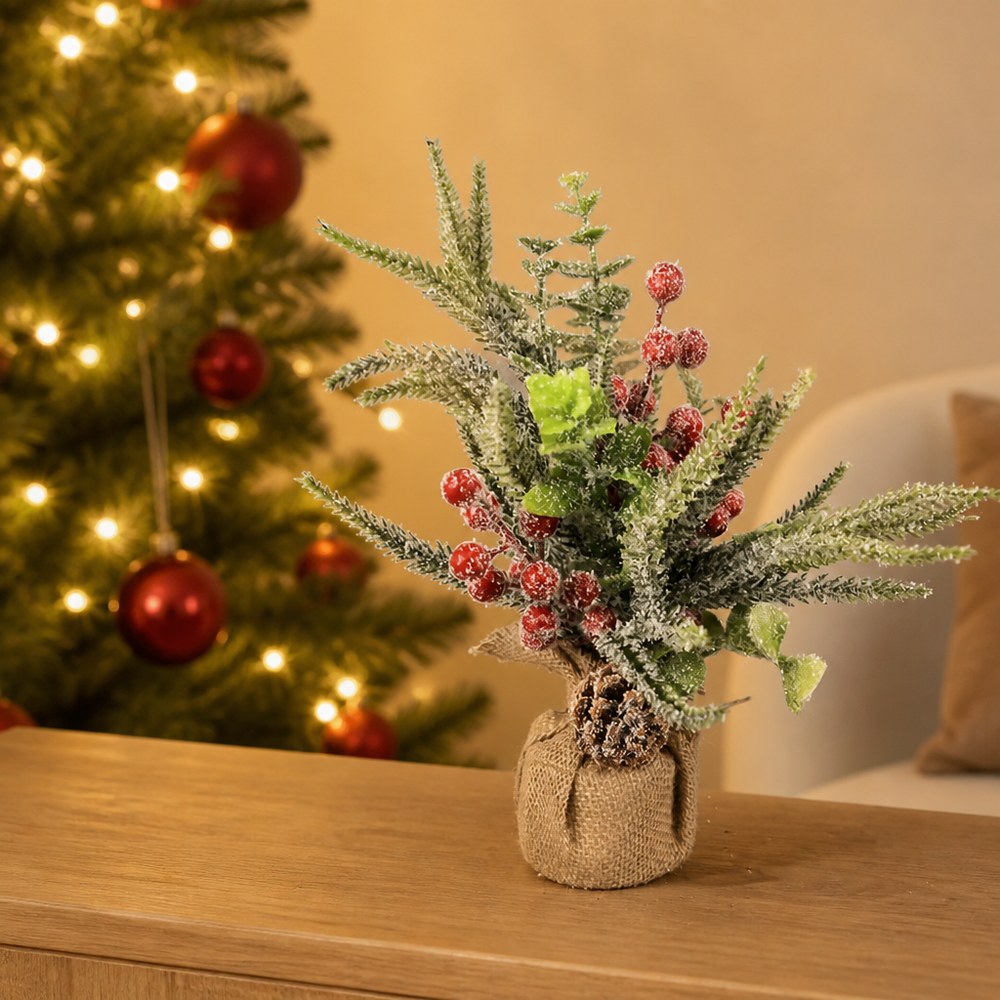 Red Berry Artificial Christmas Table Arrangement in Jute Pot