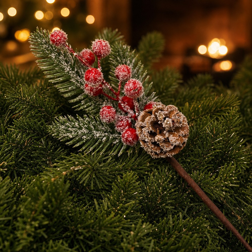 Snowy Red Berry Pine Branch Artificial Christmas Pick for Wreath Decoration