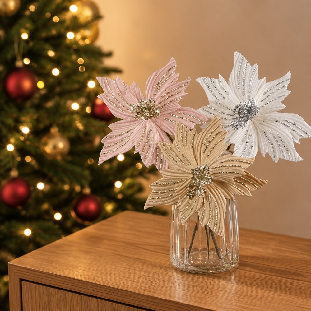 Velvet Artificial Christmas Flower Picks in Blue, Pink, Yellow, Champagne and Red