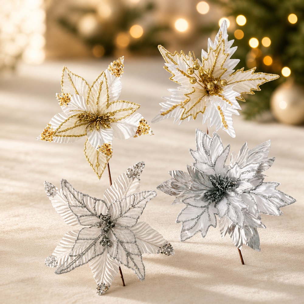 White Velvet Artificial Christmas Flower with Gold Glitter Edge for Tree Decoration